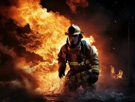 Courageous male firefighter fearlessly confronts the blazing inferno AI Generative photo