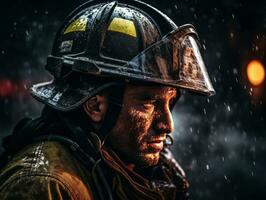 Courageous male firefighter fearlessly confronts the blazing inferno AI Generative photo