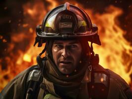 Courageous male firefighter fearlessly confronts the blazing inferno AI Generative photo