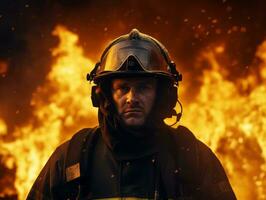 Courageous male firefighter fearlessly confronts the blazing inferno AI Generative photo