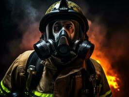 valiente masculino bombero sin miedo confronta el flameante infierno ai generativo foto