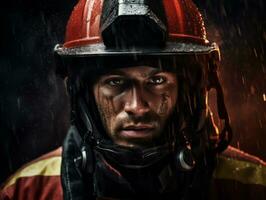 Courageous male firefighter fearlessly confronts the blazing inferno AI Generative photo