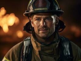 Courageous male firefighter fearlessly confronts the blazing inferno AI Generative photo