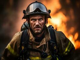 valiente masculino bombero sin miedo confronta el flameante infierno ai generativo foto