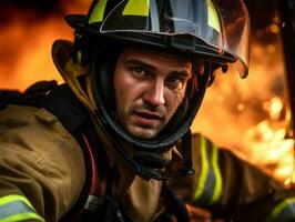 valiente masculino bombero sin miedo confronta el flameante infierno ai generativo foto