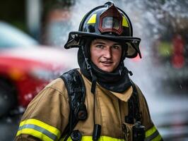 valiente masculino bombero sin miedo confronta el flameante infierno ai generativo foto