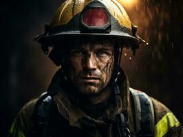 Courageous male firefighter fearlessly confronts the blazing inferno AI Generative photo