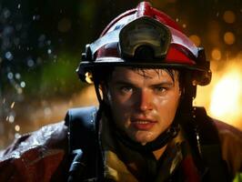 Courageous male firefighter fearlessly confronts the blazing inferno AI Generative photo