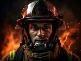 Courageous male firefighter fearlessly confronts the blazing inferno AI Generative photo