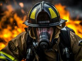 valiente masculino bombero sin miedo confronta el flameante infierno ai generativo foto