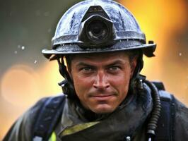 Courageous male firefighter fearlessly confronts the blazing inferno AI Generative photo