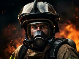 Courageous male firefighter fearlessly confronts the blazing inferno AI Generative photo