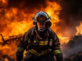 valiente masculino bombero sin miedo confronta el flameante infierno ai generativo foto