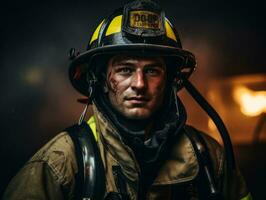 Courageous male firefighter fearlessly confronts the blazing inferno AI Generative photo