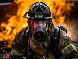 valiente masculino bombero sin miedo confronta el flameante infierno ai generativo foto