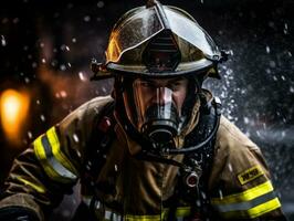 Courageous male firefighter fearlessly confronts the blazing inferno AI Generative photo