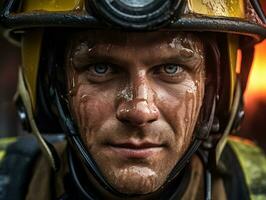 Courageous male firefighter fearlessly confronts the blazing inferno AI Generative photo