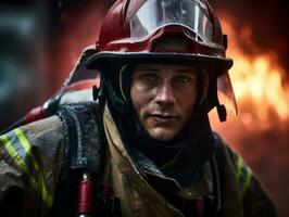 Courageous male firefighter fearlessly confronts the blazing inferno AI Generative photo