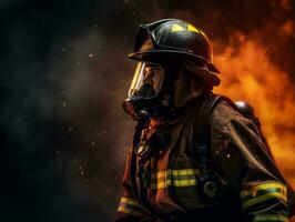 Courageous male firefighter fearlessly confronts the blazing inferno AI Generative photo