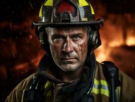 Courageous male firefighter fearlessly confronts the blazing inferno AI Generative photo