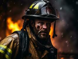 Courageous male firefighter fearlessly confronts the blazing inferno AI Generative photo