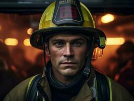 Courageous male firefighter fearlessly confronts the blazing inferno AI Generative photo