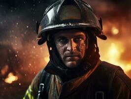 Courageous male firefighter fearlessly confronts the blazing inferno AI Generative photo