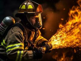 Courageous male firefighter fearlessly confronts the blazing inferno AI Generative photo