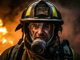 valiente masculino bombero sin miedo confronta el flameante infierno ai generativo foto