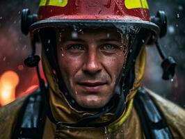 valiente masculino bombero sin miedo confronta el flameante infierno ai generativo foto