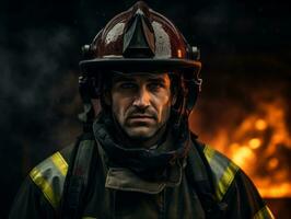 valiente masculino bombero sin miedo confronta el flameante infierno ai generativo foto