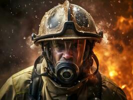 Courageous male firefighter fearlessly confronts the blazing inferno AI Generative photo