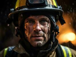 valiente masculino bombero sin miedo confronta el flameante infierno ai generativo foto