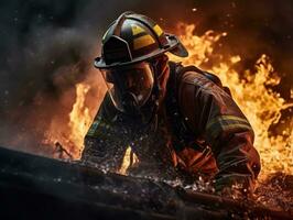 Courageous male firefighter fearlessly confronts the blazing inferno AI Generative photo