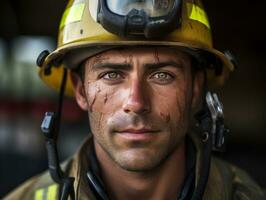 Courageous male firefighter fearlessly confronts the blazing inferno AI Generative photo