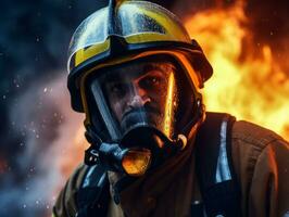 Courageous male firefighter fearlessly confronts the blazing inferno AI Generative photo