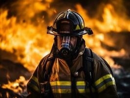 valiente masculino bombero sin miedo confronta el flameante infierno ai generativo foto