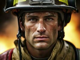 Courageous male firefighter fearlessly confronts the blazing inferno AI Generative photo