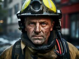 Courageous male firefighter fearlessly confronts the blazing inferno AI Generative photo