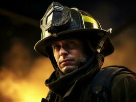 Courageous male firefighter fearlessly confronts the blazing inferno AI Generative photo