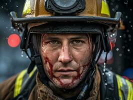 valiente masculino bombero sin miedo confronta el flameante infierno ai generativo foto