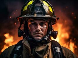 valiente masculino bombero sin miedo confronta el flameante infierno ai generativo foto