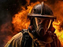 Courageous male firefighter fearlessly confronts the blazing inferno AI Generative photo