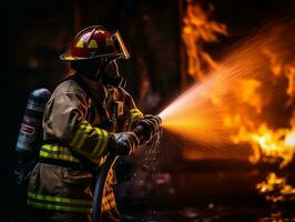 valiente masculino bombero sin miedo confronta el flameante infierno ai generativo foto