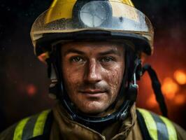 Courageous male firefighter fearlessly confronts the blazing inferno AI Generative photo