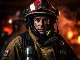 valiente masculino bombero sin miedo confronta el flameante infierno ai generativo foto