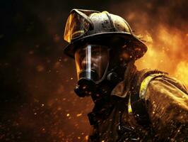 Courageous male firefighter fearlessly confronts the blazing inferno AI Generative photo