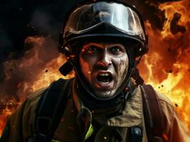 Courageous male firefighter fearlessly confronts the blazing inferno AI Generative photo