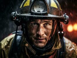 Courageous male firefighter fearlessly confronts the blazing inferno AI Generative photo