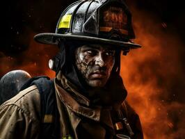 Courageous male firefighter fearlessly confronts the blazing inferno AI Generative photo